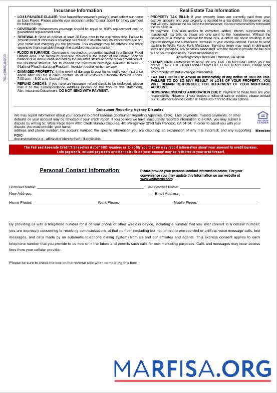 Downloadable USA Wells Fargo bank mortgage statement in Word and PDF formats, 3 pages 3 download for verification